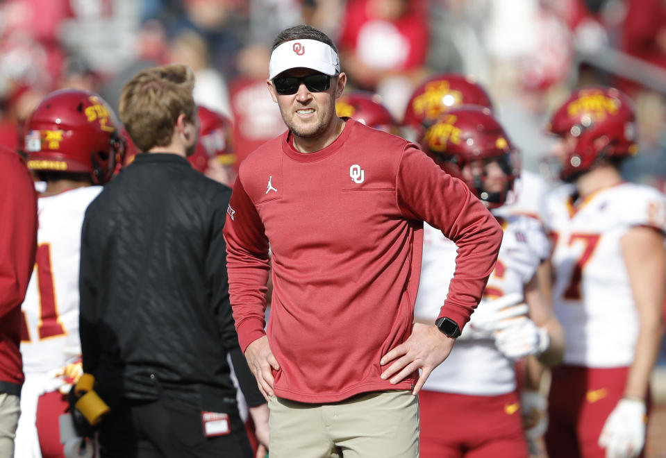 Oklahoma head coach Lincoln Riley before the start of an NCAA college football game against Iowa State on Saturday, Nov. 20, 2021, in Norman, Okla. (AP Photo/Alonzo Adams)