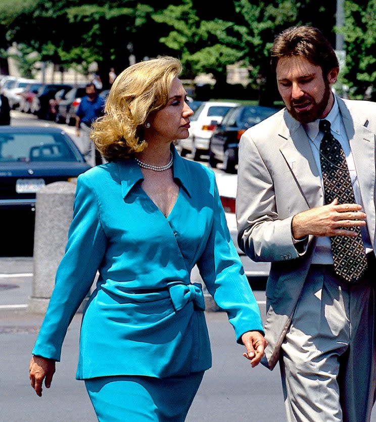 First Lady Hillary Clinton walks across Pennsylvania Avenue with an unidentified aide in Washington D.C. in 1995. (Photo by Mark Reinstein/Corbis via Getty Images)