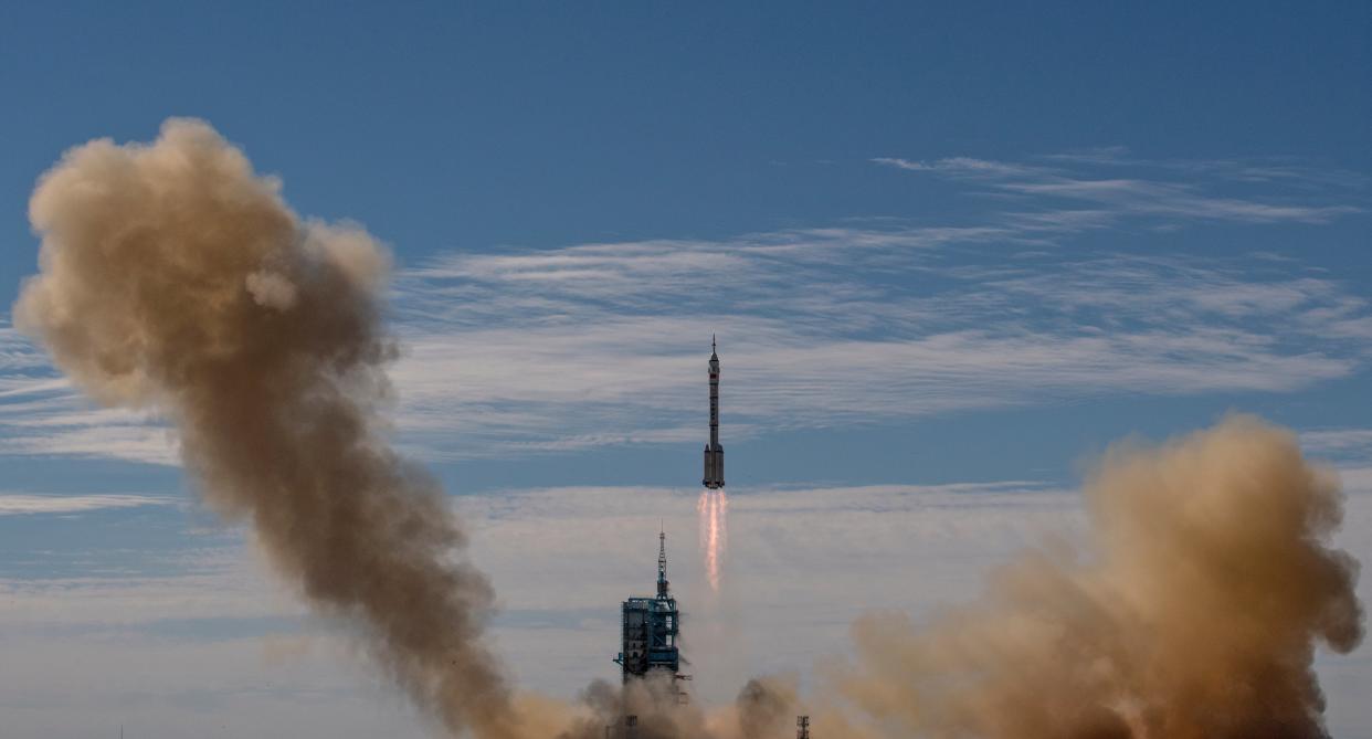 Shenzhou-12 spacecraft from China’s Manned Space Agency onboard the Long March-2F rocket launches with three Chinese astronauts onboard at the Jiuquan Satellite Launch Center on 17 June, 2021, in Jiuquan, Gansu province, China (Getty Images)