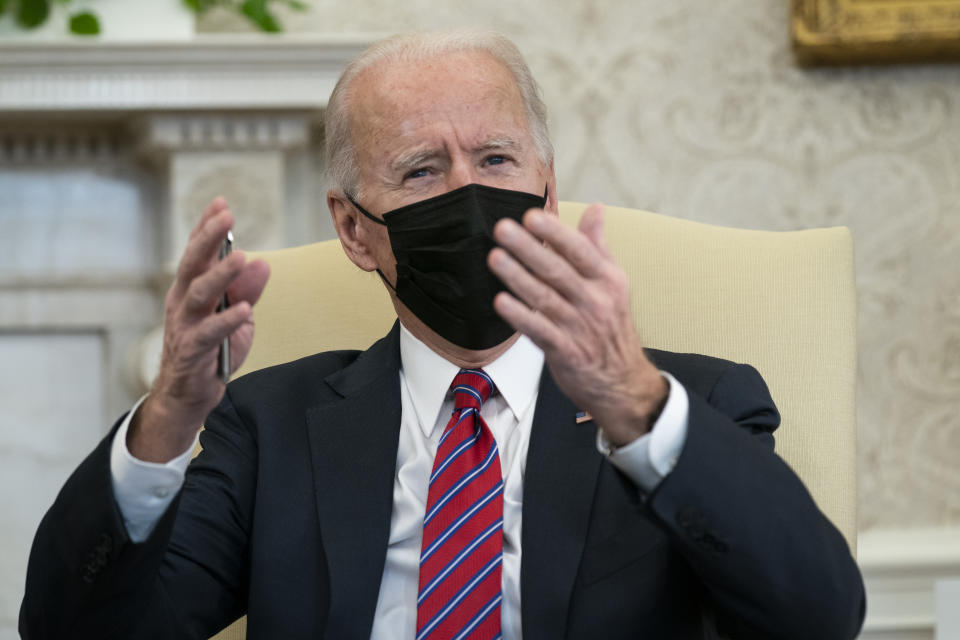 President Joe Biden speaks during a meeting with Treasury Secretary Janet Yellen in the Oval Office of the White House, Friday, Jan. 29, 2021, in Washington. (AP Photo/Evan Vucci)