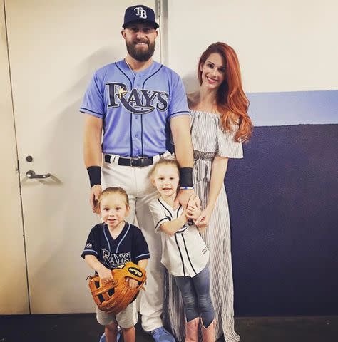 <p>Evan Longoria Instagram</p> Evan Longoria and Jaime Faith Edmondson with their kids.