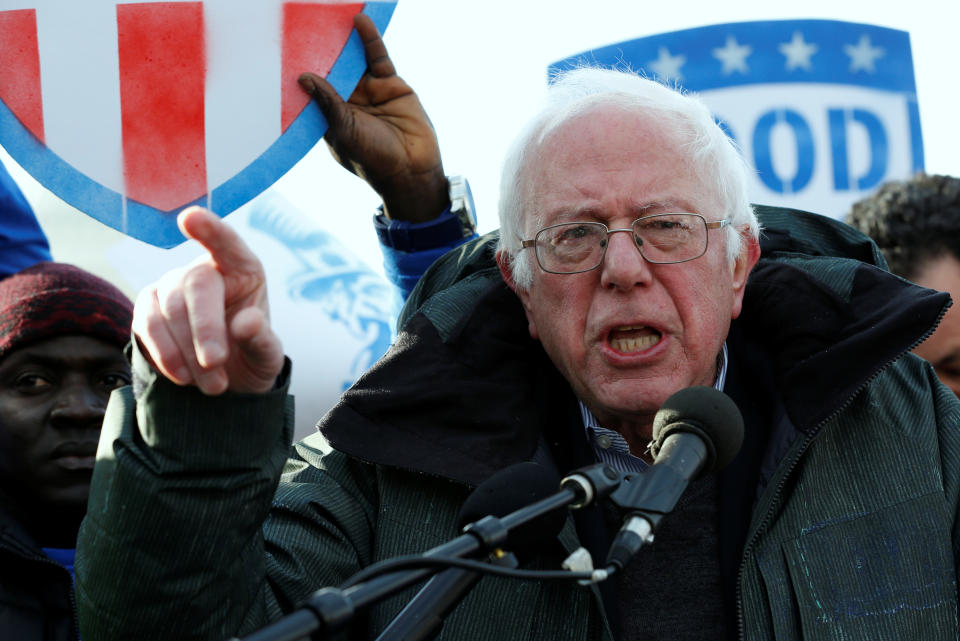 Sen. Bernie Sanders (I-Vt.) speaks at a federal contract workers rally to celebrate Andrew Puzder's decision to withdraw from consideration to be secretary of labor on Feb. 16, 2017. (Photo: Yuri Gripas/Reuters)