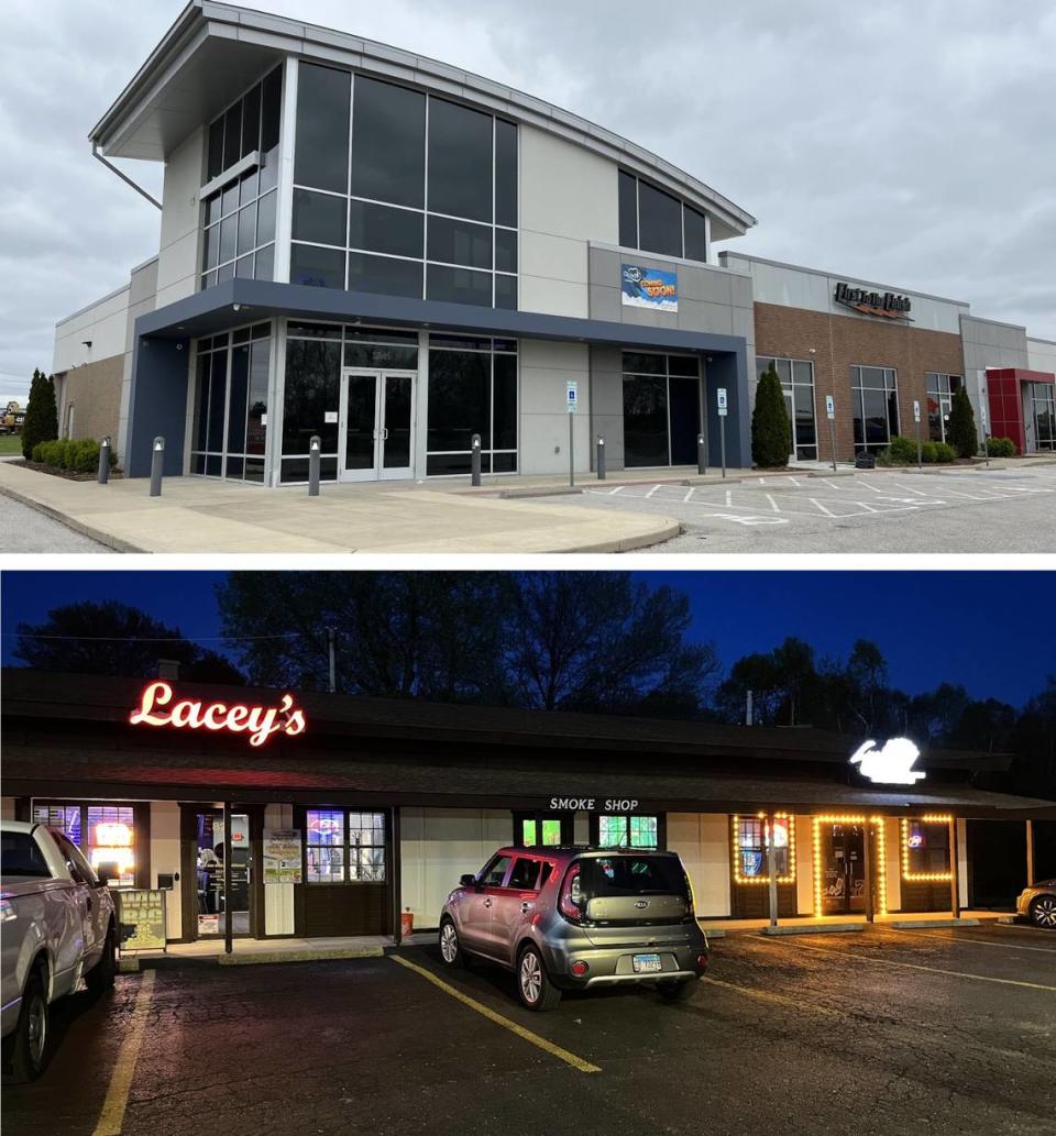 Jeff Rehberger Jr. is preparing to open a Cloud9 Cannabis dispensary in Edwardsville, top. His father, Jeff Rehberger Sr., operates Lacey’s Place video-gambling lounge in Far East Center, which his son owns, in unincorporated Belleville.