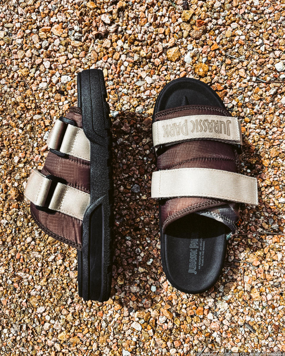 Dumbgood Jurassic Park slides, slides, sandals, shoes, jurassic park camo velcro slides, Officially licensed Jurassic Park merchandise