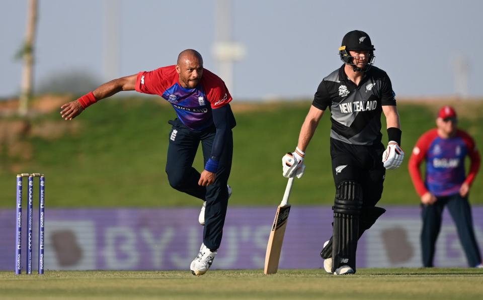 Tymal Mills of England bowls during the England and New Zealand warm Up Match prior to the ICC Men's T20 World Cup at on October 20, 2021 in Abu Dhabi, United Arab Emirates - GETTY IMAGES