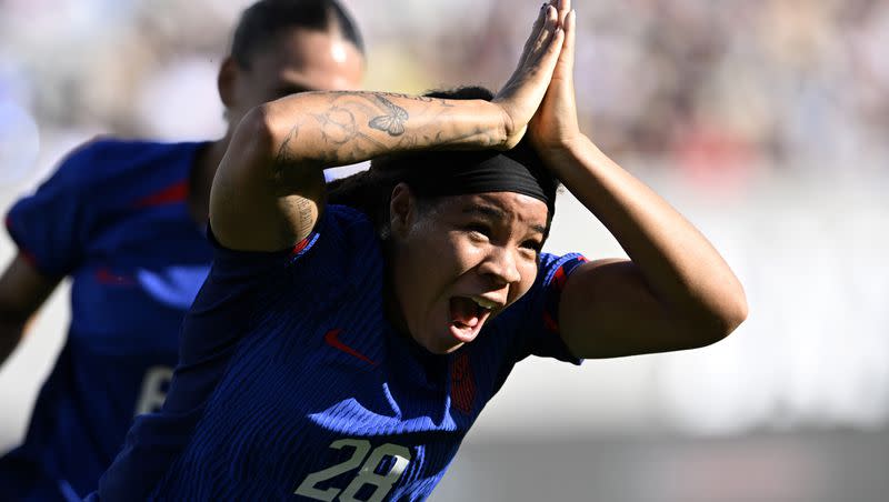 United States forward Mia Fishel (28) celebrates after scoring against Colombia during the second half of an international friendly soccer match  on Sunday, Oct. 29, 2023, in San Diego.