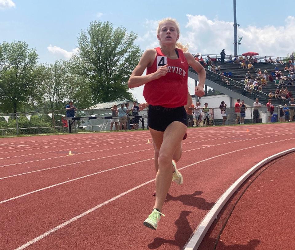 Fairview's Isabel Owens runs the Class 2A 800-meter run in the District 10 track and field championships at Slippery Rock University on Saturday, May 21, 2022. Owens won the event.