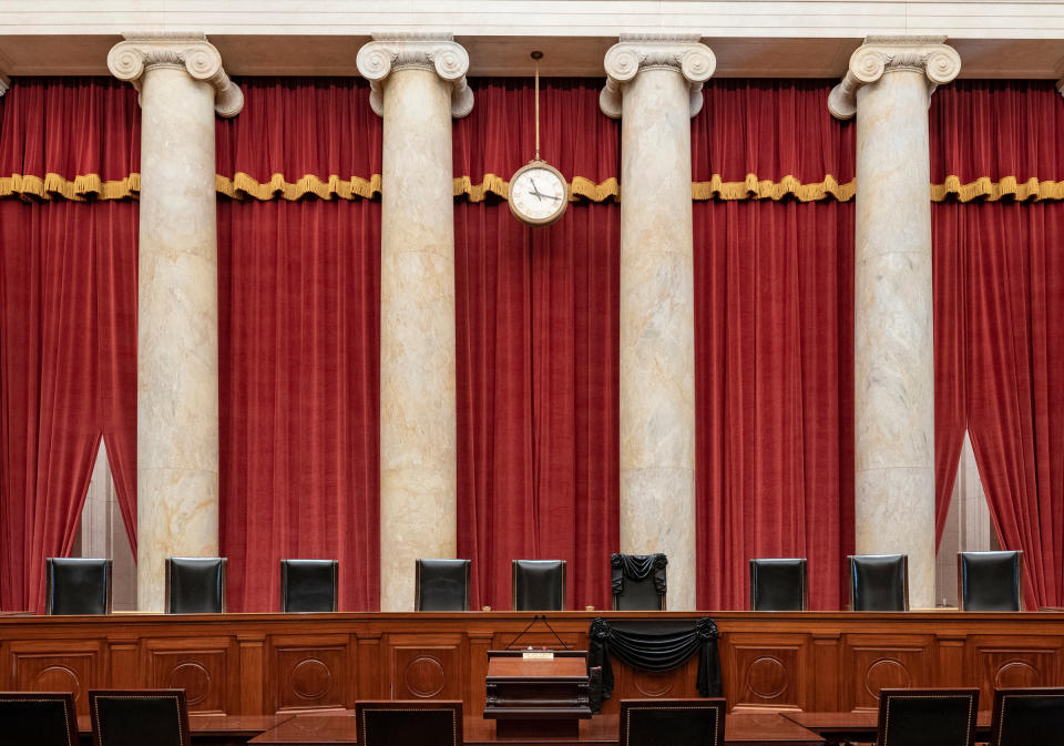 This Sept. 19 photo shows the Bench draped for the death of Supreme Court Associate Justice Ruth Bader Ginsburg at the Supreme Court in Washington