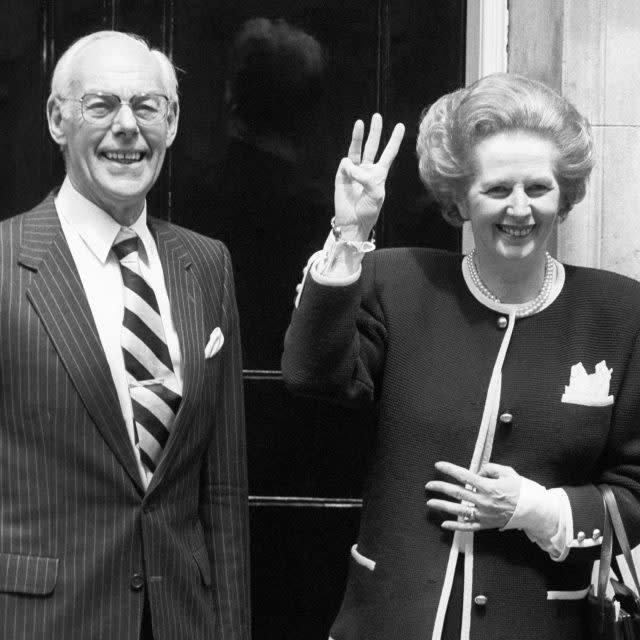 Margaret Thatcher with husband Denis after winning her third term as PM in 1987