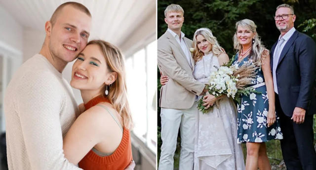 Matilda married her step-brother Samuli a year after her mum married his dad, with both couples pictured. (Supplied)