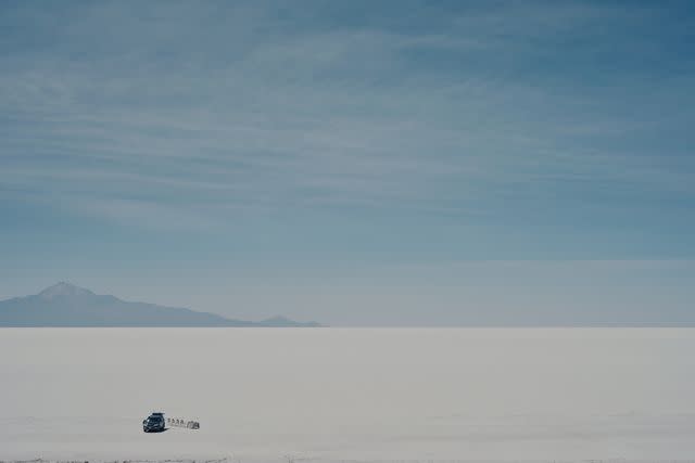 <p>Nick Ballón</p> Stopping for lunch on Bolivia's Salar de Uyuni salt flat.