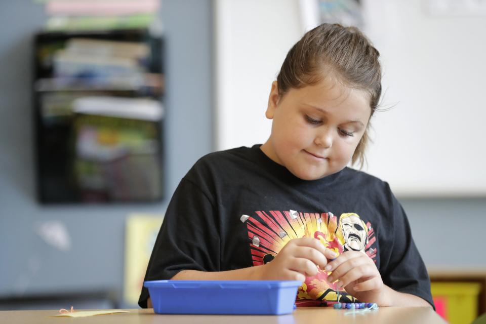 Olivia Tobey makes a friendship bracelet in the art room at the Boys & Girls Club of Menasha Friday, August 11, 2023, in Menasha, Wis.