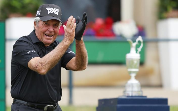 Gary Player of South Africa acknowledges the crowd from the first tee during the Celebration of Champions prior to The 150th Open at St Andrews Old Course on July 11, 2022 in St Andrews, Scotland - GETTY IMAGES