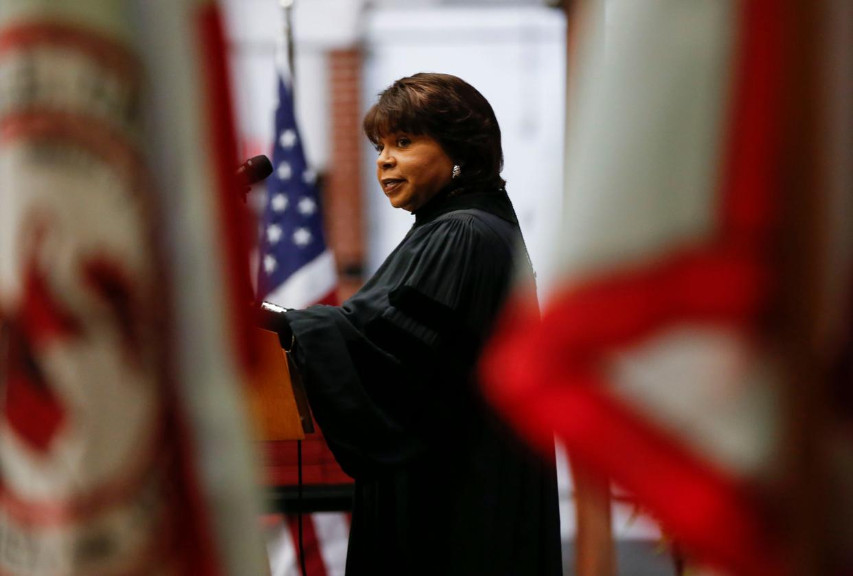 Cheryl Brown Henderson, the daughter of Rev. Oliver Brown who filed a lawsuit against the Topeka Board of Education leading to the landmark civil rights case Brown vs. Board of Education, spoke at a Drury University commencement ceremony in 2019.