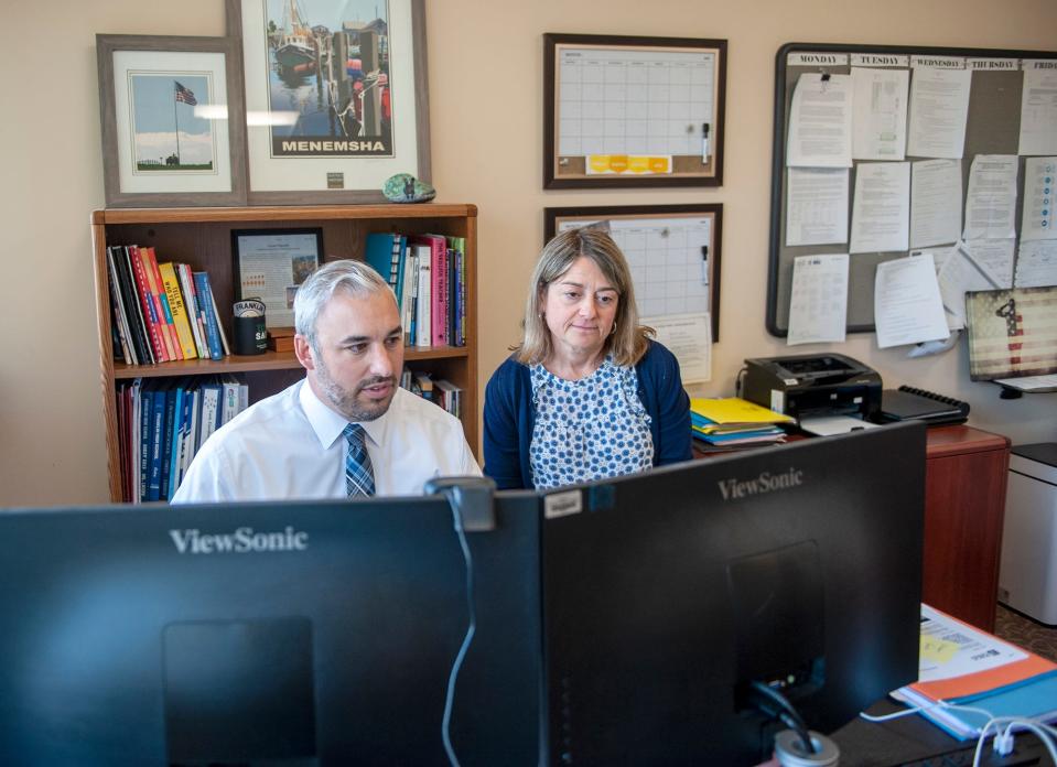 Franklin Superintendent of Schools Lucas Giguere, left, meets with Assistant Superintendent of Student Services Paula Marano, in the town municipal building, June 30, 2022. Gigure took over Friday for Sara Ahern, who took a similar post in Barnstable.