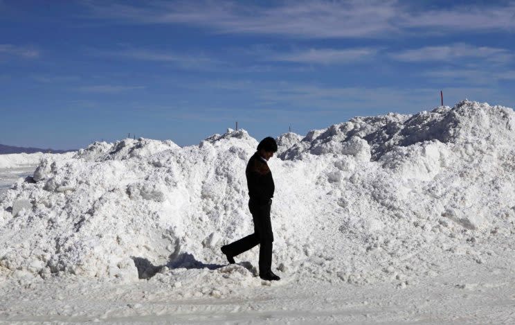 Bolivia's President Evo Morales tours a semi-industrial plant to produce potassium chloride, used to manufacture batteries based on lithium, before its opening ceremony at the Uyuni salt desert, outskirts of Llipi, Bolivia, Thursday, Aug. 9, 2012. (Photo: Juan Karita/AP)