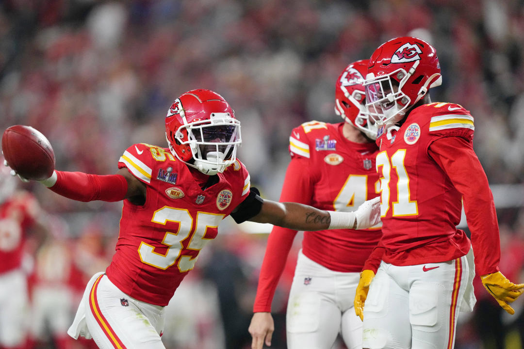 Feb 11, 2024; Paradise, Nevada, USA; Kansas City Chiefs cornerback Jaylen Watson (35) reacts after a play against the San Francisco 49ers during the fourth quarter of Super Bowl LVIII at Allegiant Stadium. Mandatory Credit: Kirby Lee-USA TODAY Sports