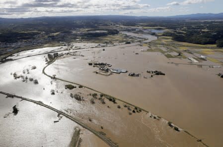 An aerial view shows areas flooded by the Abukuma river following Typhoon Hagibis in Tamagawa town