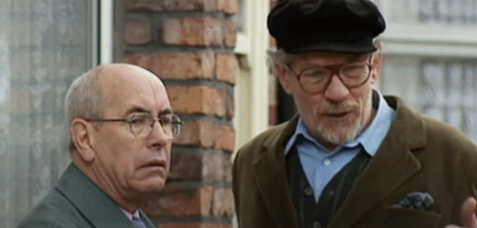 Sir Ian McKellen with Malcolm Hebden on the set of 'Corrie'. (ITV)