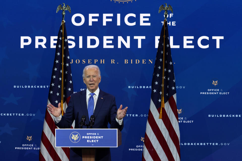 WILMINGTON, DELAWARE - DECEMBER 01:  U.S. President-elect Joe Biden speaks during an event to name his economic team at the Queen Theater on December 1, 2020 in Wilmington, Delaware. Biden is nominating and appointing key positions of the team, including Janet Yellen to be Secretary of the Treasury.  (Photo by Alex Wong/Getty Images)