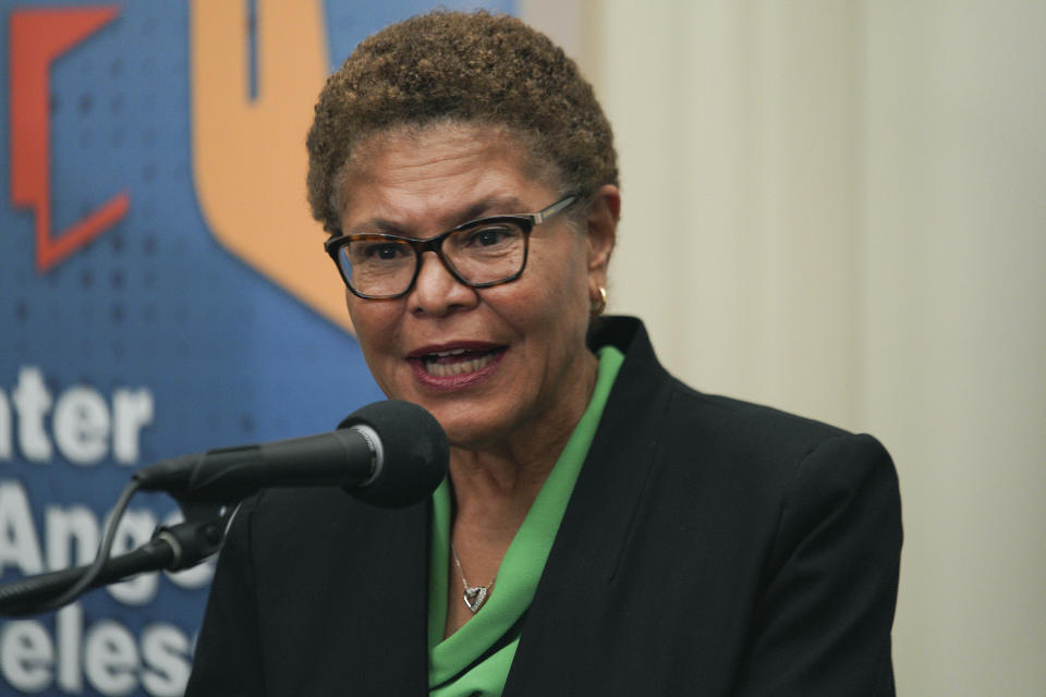 Los Angeles Mayor Karen Bass speaks during a press conference at the start of the annual homeless count in the North Hollywood section of Los Angeles on Tuesday, Jan. 23, 2024. Los Angeles County's annual count of homeless residents began Tuesday night — a crucial part of the region's efforts to confront the crisis of tens of thousands of people living on the streets. (AP Photo/Richard Vogel)