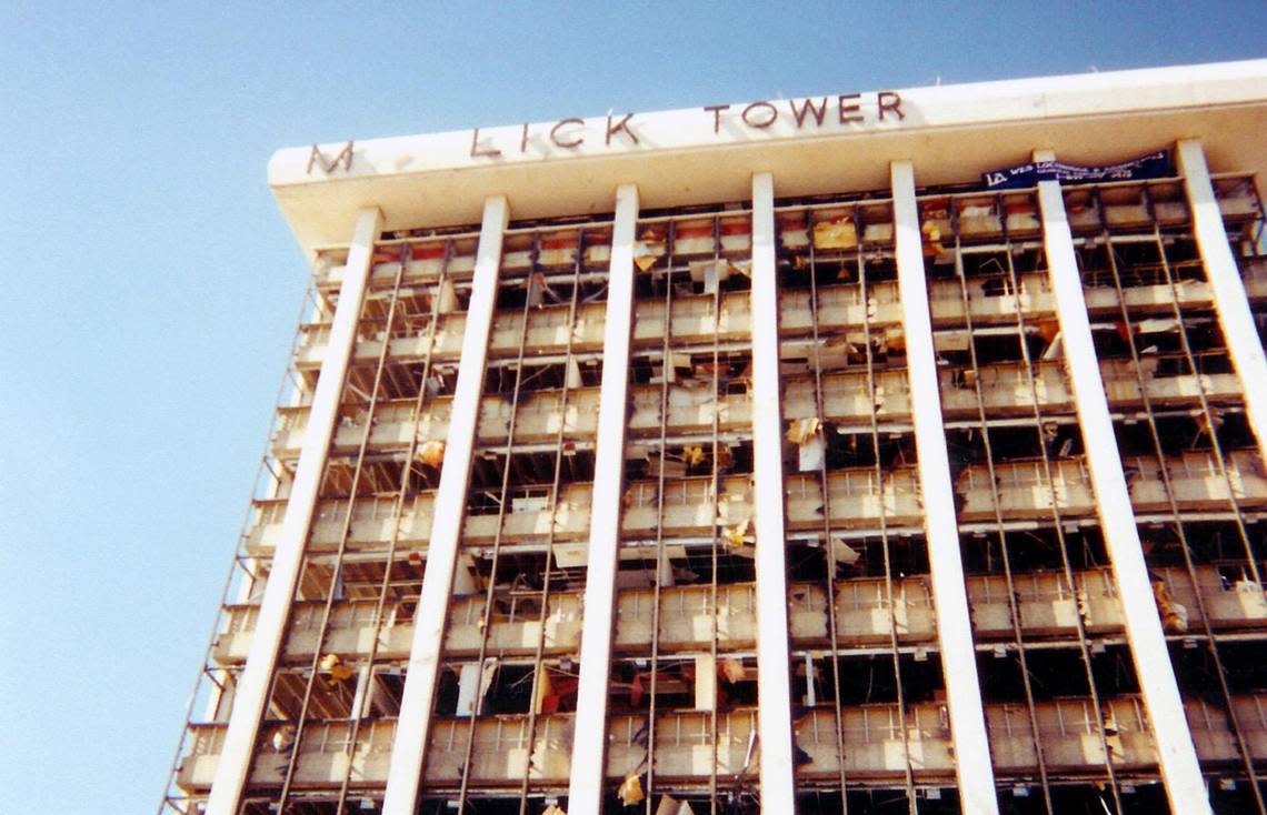 Photos of Mallick Tower after a tornado swept through downtown Fort Worth on March 28, 2000.