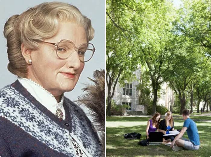 Mrs Doubtfire and college students studying on a campus lawn