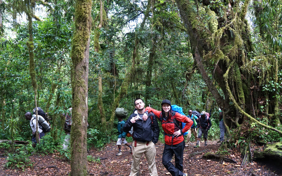 <p>This image is of myself and one of my friends, Robbie Carter. We start our Kilimanjaro climb hiking through the rain forest.</p>