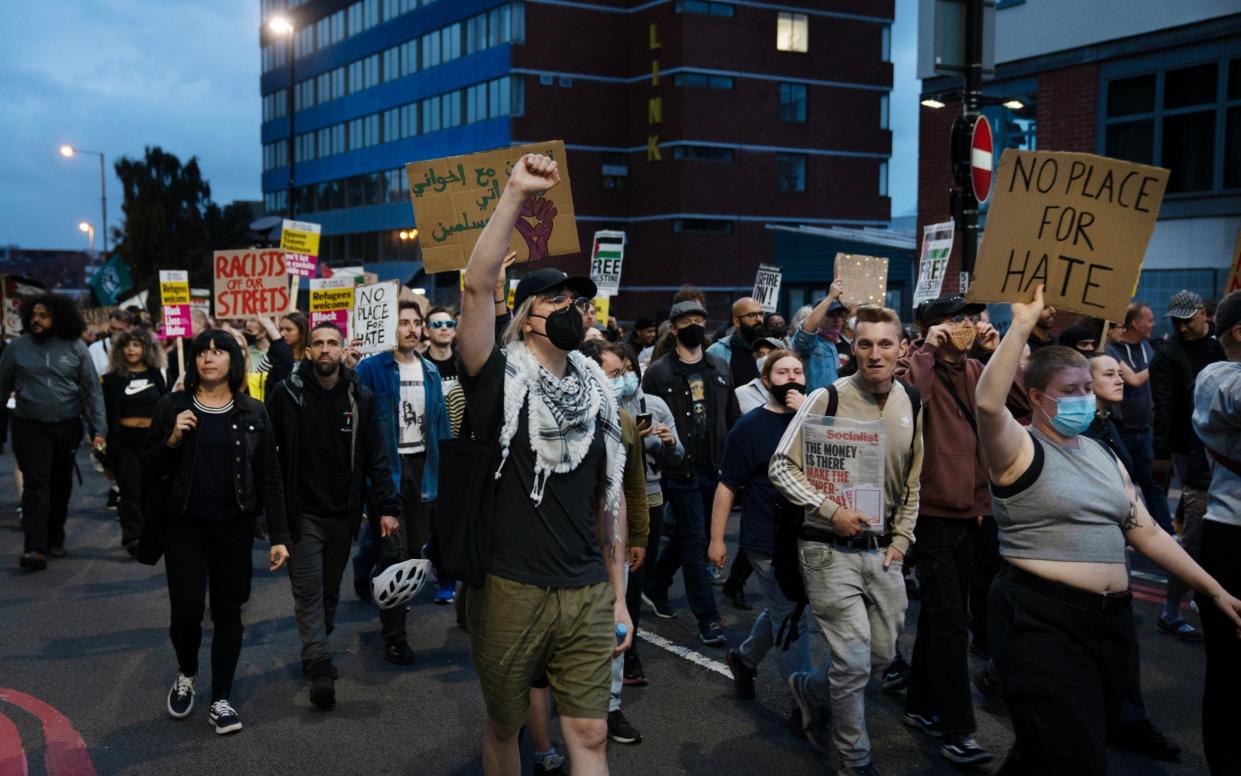 Anti far-Right protesters outside a refugee and migrant centre in Birmingham