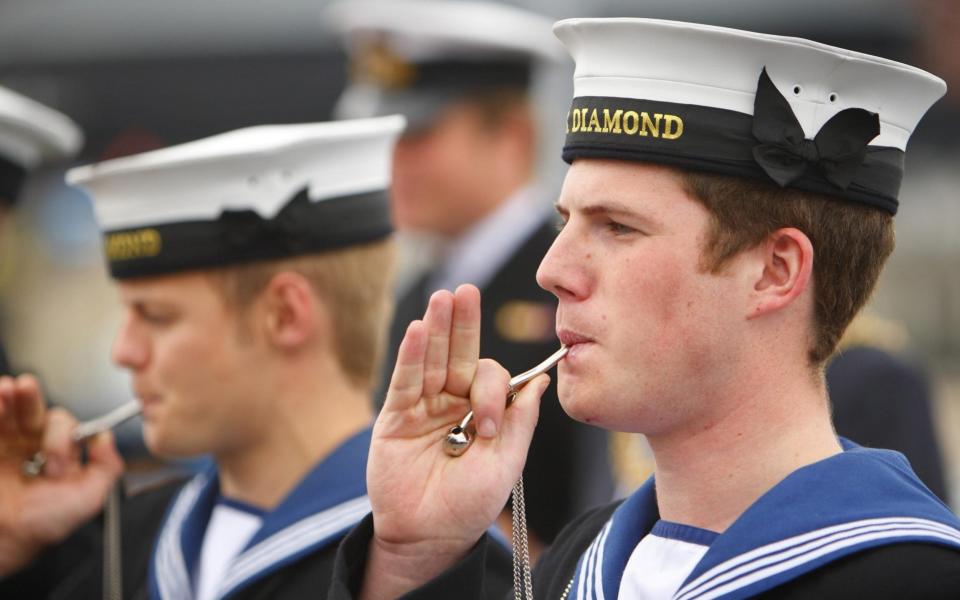 VIPs are piped aboard HMS Diamond during a street-party aboard the ship in Portsmouth's Royal Navy Dockyard,  - PA