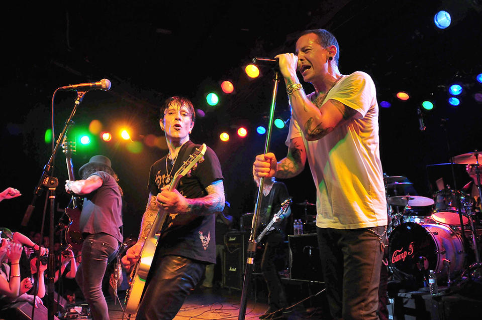 <p>Guitarist Billy Morrison of Camp Freddy and singer Chester Bennington of Linkin Park perform with all-star cover band Camp Freddy at the Roxy nightclub on May 8, 2008 in Los Angeles, California. (Photo by Michael Tullberg/Getty Images) </p>