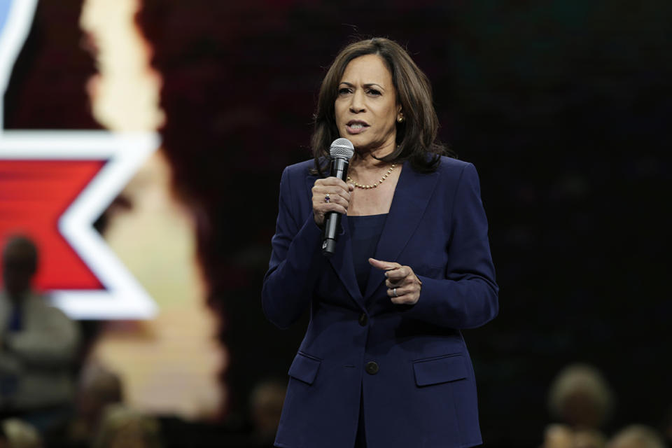 Democratic presidential candidate Sen. Kamala Harris speaks during the Iowa Democratic Party's Liberty and Justice Celebration, Friday, Nov. 1, 2019, in Des Moines, Iowa. (AP Photo/Nati Harnik)