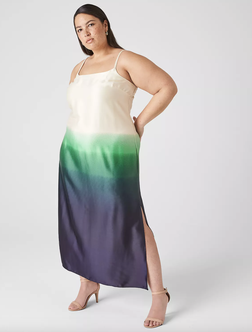 plus size model wearing ombre white, green and blue Scoop-Neck Cami Slip Dress (photo via Lane Bryant)