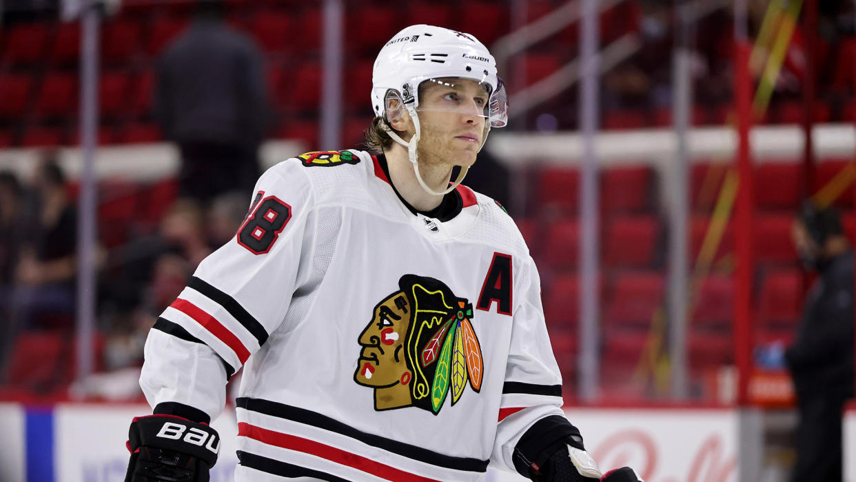 RALEIGH, NC - MAY 3: Patrick Kane of the Chicago Blackhawks skates for position on the ice during an NHL game against the Chicago Blackhawks on May 3, 2021 at PNC Arena in Raleigh, North Carolina. (Photo by Gregg Forwerck/NHLI via Getty Images)