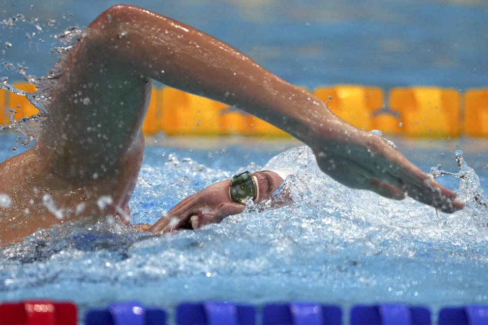 Allison Schmitt of the United States swims in a heat of the women's 200-meter freestyle at the 2020 Summer Olympics, Monday, July 26, 2021, in Tokyo, Japan. (AP Photo/Matthias Schrader)