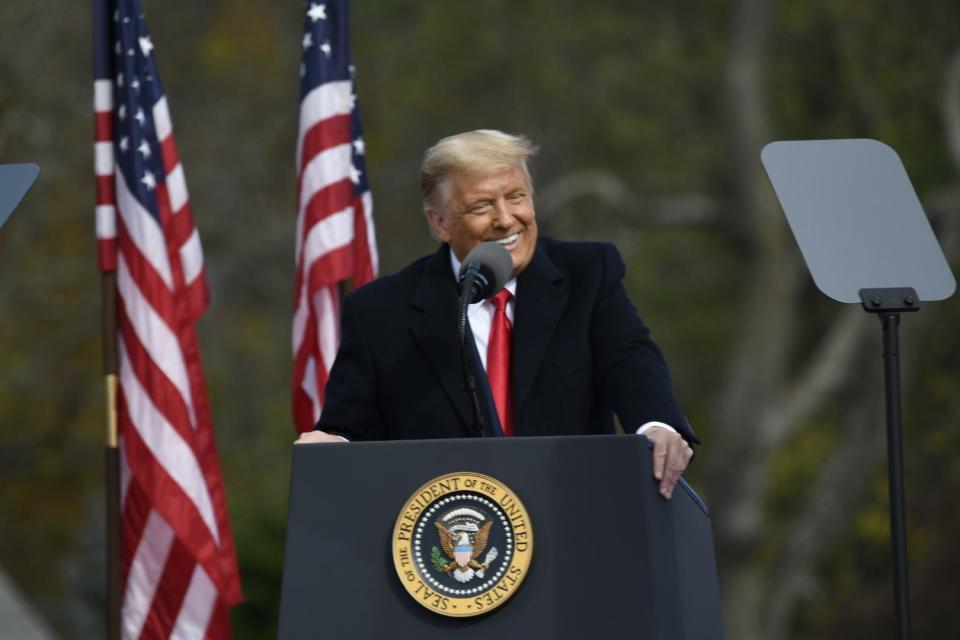 President Donald Trump delivers a speech at Headquarters Farm in Upper Makefield on Saturday. He told supporters, "This is the state that will save the American dream."