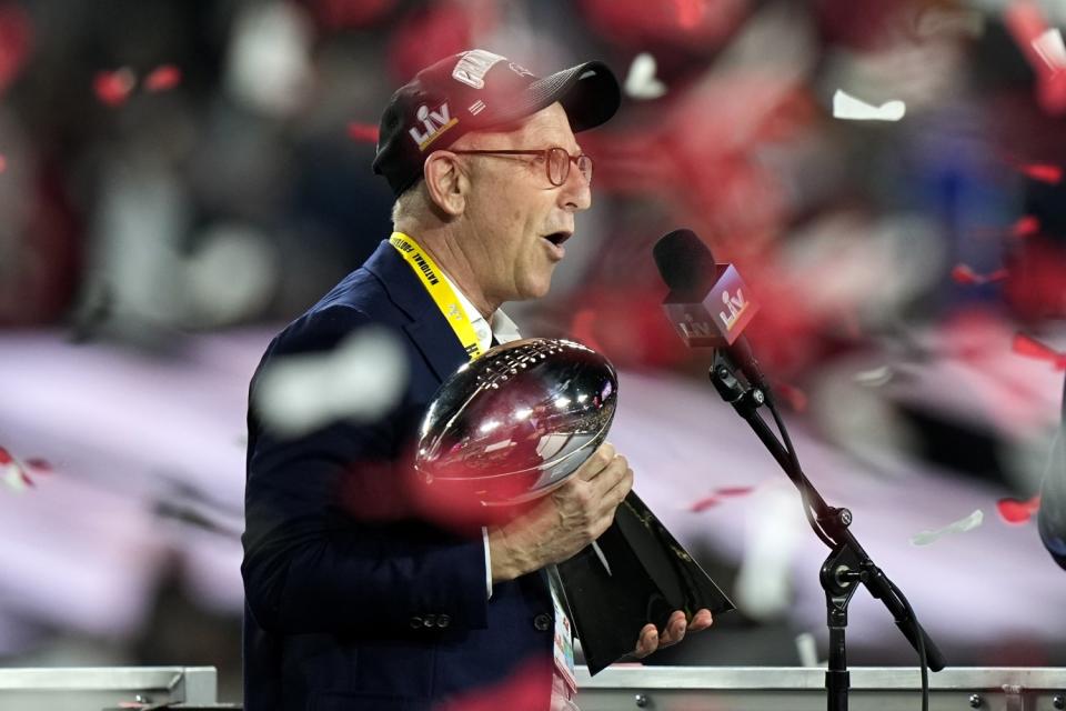 Tampa Bay Buccaneers owner Joel Glazer speaks after Super Bowl LV.