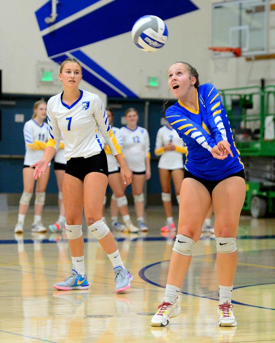 Ripon Christian’s Allison Brown (1) eyes the ball before hitting it up during a game between Ripon Christian and Mariposa at Ripon Christian High School in Ripon California on September 19, 2023.