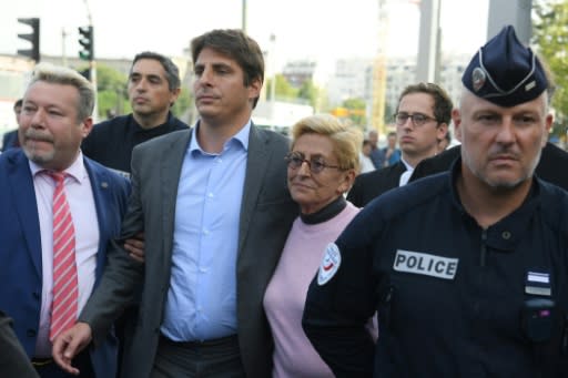 Isabelle Balkany was held by her son Alexandre as she left the Paris courthouse Friday after her conviction for tax fraud