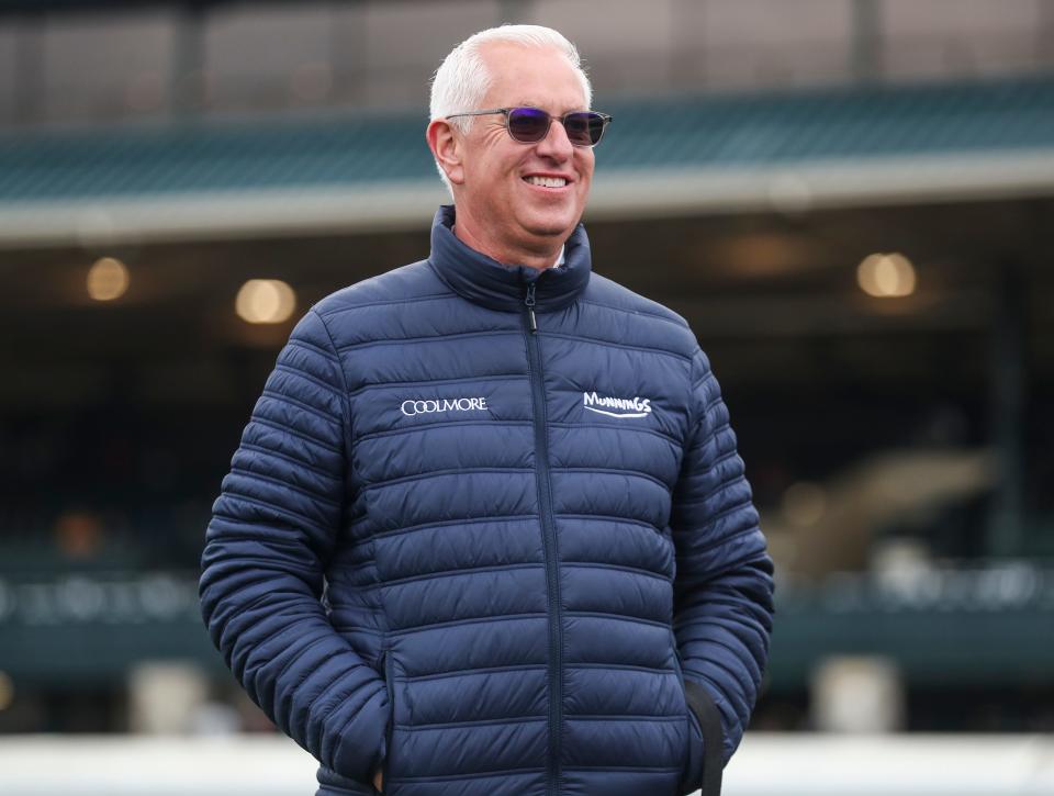 Trainer Todd Pletcher smiles after greets Leslie's Rose won the Central Bank Ashland Stakes in the ninth race of first day of the 2024 Spring Meet in Lexington, Ky. April 5, 2024