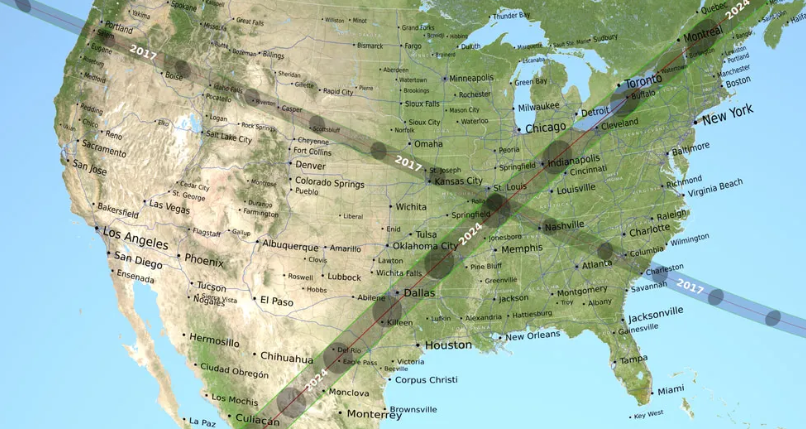 This map shows the path of the 2017 total solar eclipse, crossing from Oregon to South Carolina, and the 2024 total solar eclipse, crossing from Mexico into Texas, up to Maine, and exiting over Canada. (Ernest Wright/NASA’s Scientific Visualization Studio)