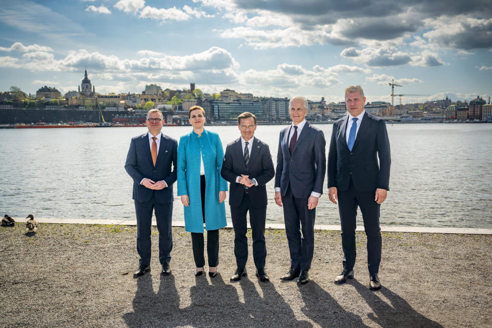Sweden's Prime Minister Ulf Kristersson, center, poses for a group photo with, from left; , welcomes the prime ministers of the Nordic countries, from left, Finland's Petteri Orpo, Denmark's Mette Frederiksen, Norway's Jonas Gahr Støre and Iceland's Bjarni Benediktsson, at Skeppsholmen, in Stockholm, Sweden, Monday, May 13, 2024, ahead of a two-day Nordic Prime Minister's meeting, on security and competitiveness. (Pontus Lundahl/TT News Agency via AP)