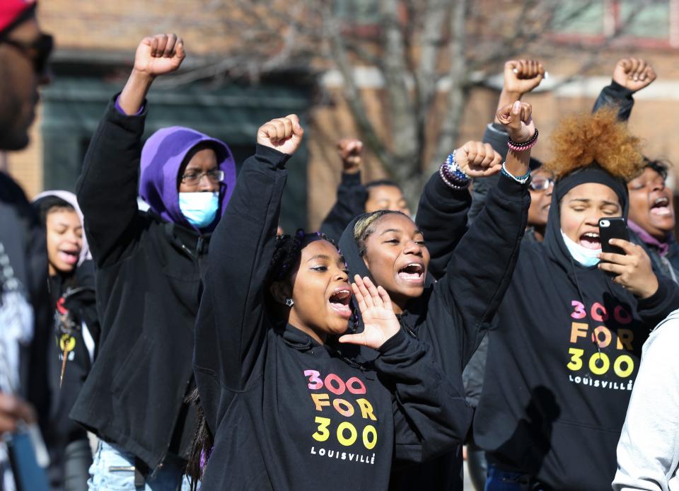 Nearly 100 protesters marched through downtown Louisville on the second anniversary of Breonna Taylor's death. March 13, 2022