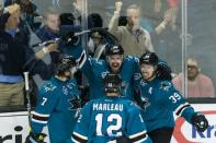 May 25, 2016; San Jose, CA, USA; San Jose Sharks right wing Joonas Donskoi (27) celebrates after scoring a goal against the St. Louis Blues in the third period of game six in the Western Conference Final of the 2016 Stanley Cup Playoffs at SAP Center at San Jose. The Sharks won 5-2. Mandatory Credit: John Hefti-USA TODAY Sports