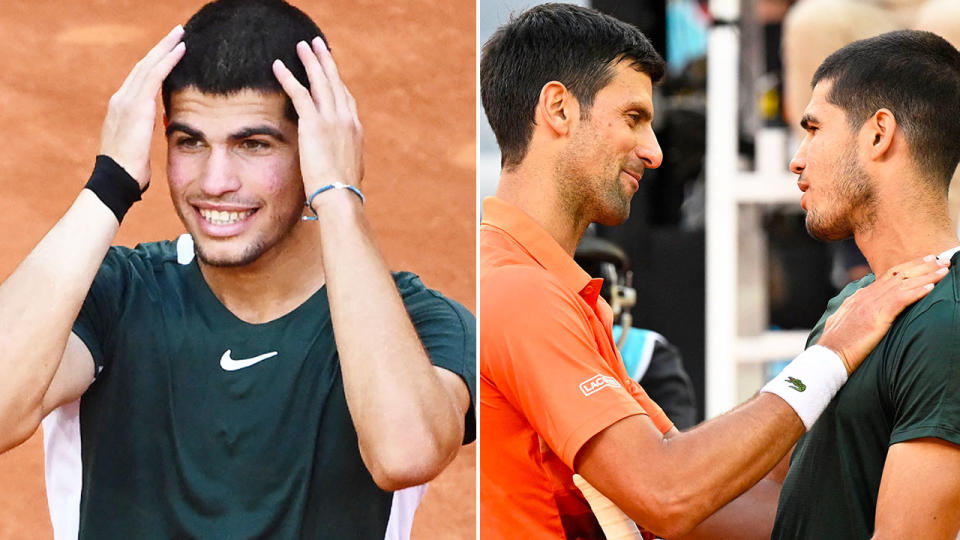 Pictured right is Novak Djokovic congratulating Carlos Alcaraz on his Madrid Open semi-final win.