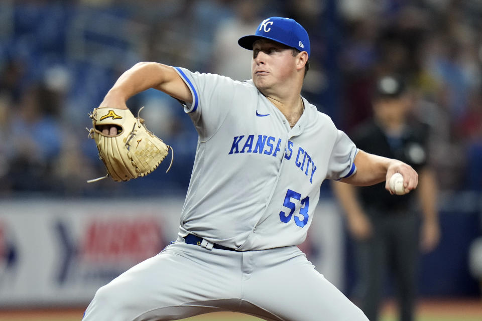 Kansas City Royals pitcher Austin Cox delivers to the Tampa Bay Rays during the third inning of a baseball game Thursday, June 22, 2023, in St. Petersburg, Fla. (AP Photo/Chris O'Meara)