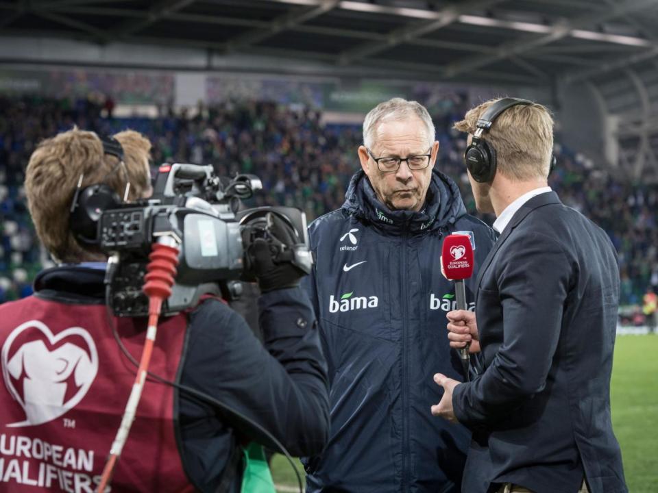 Lars Lagerback is interviewed ahead of Norway's game in Belfast (Getty)