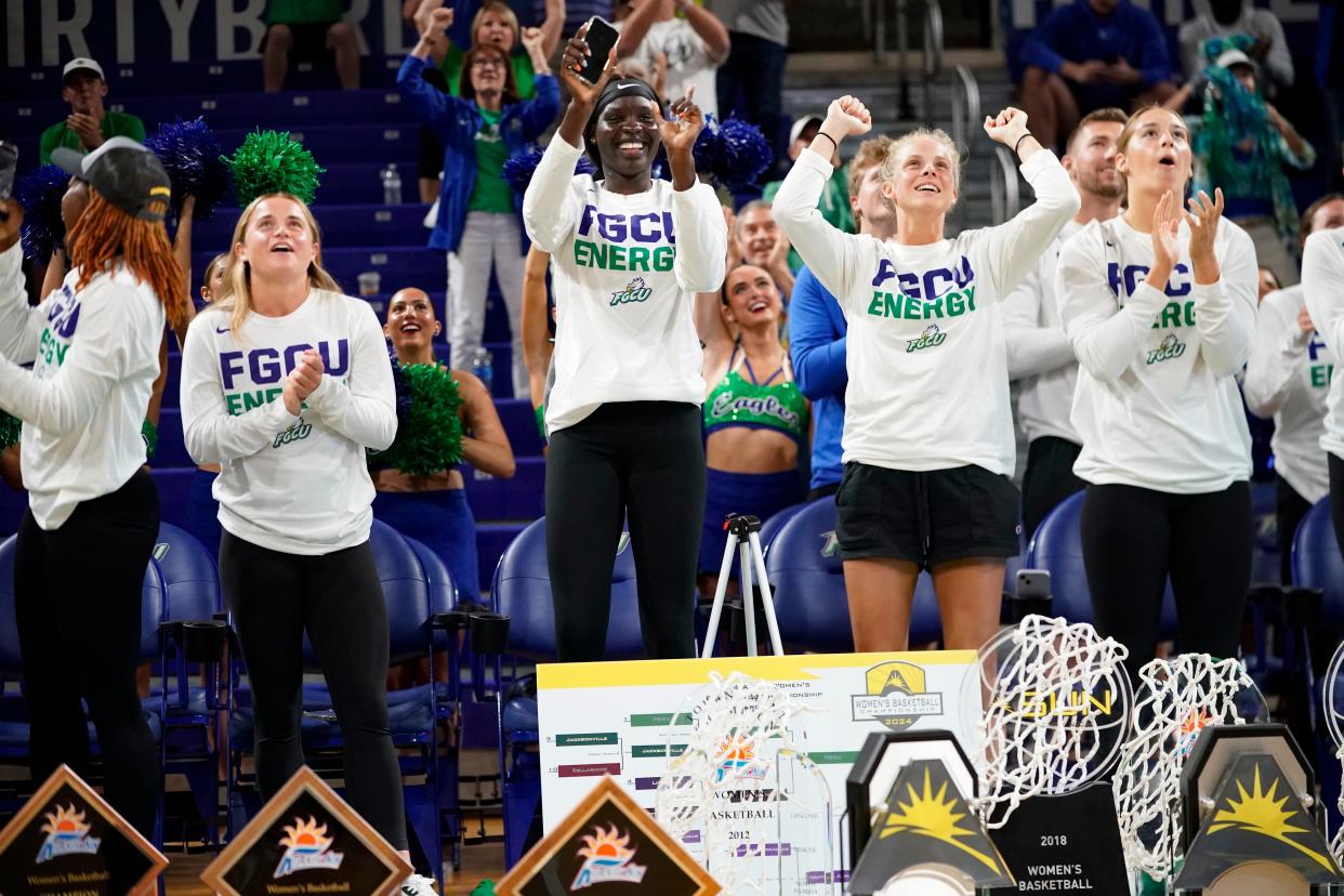 Florida Gulf Coast Eagles players react to the bracket during the 2024 NCAA Women’s Basketball Championship Selection Show at Alico Arena on Sunday, March 17, 2024.