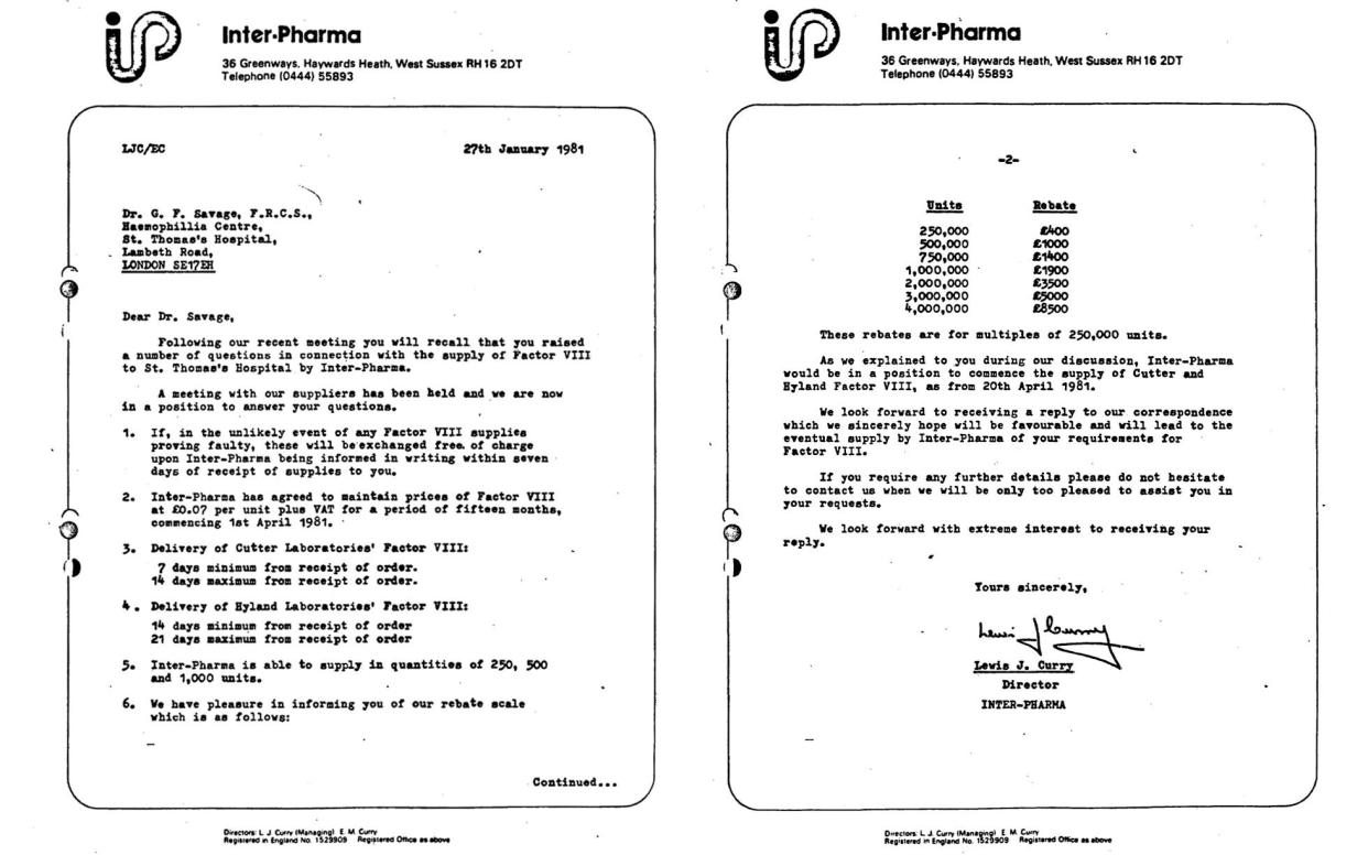 A letter from January 1981 shows that St Thomas' Hospital in London was offered thousands of pounds in rebates for buying Factor VIII