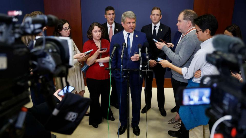 PHOTO: Michael McCaul talks to reporters after a classified closed-door briefing about Hamas' attack on Israel for members of the House of Representatives in the Capitol Visitors Center Auditorium on Oct. 11, 2023 in Washington, D.C. (Chip Somodevilla/Getty Images)